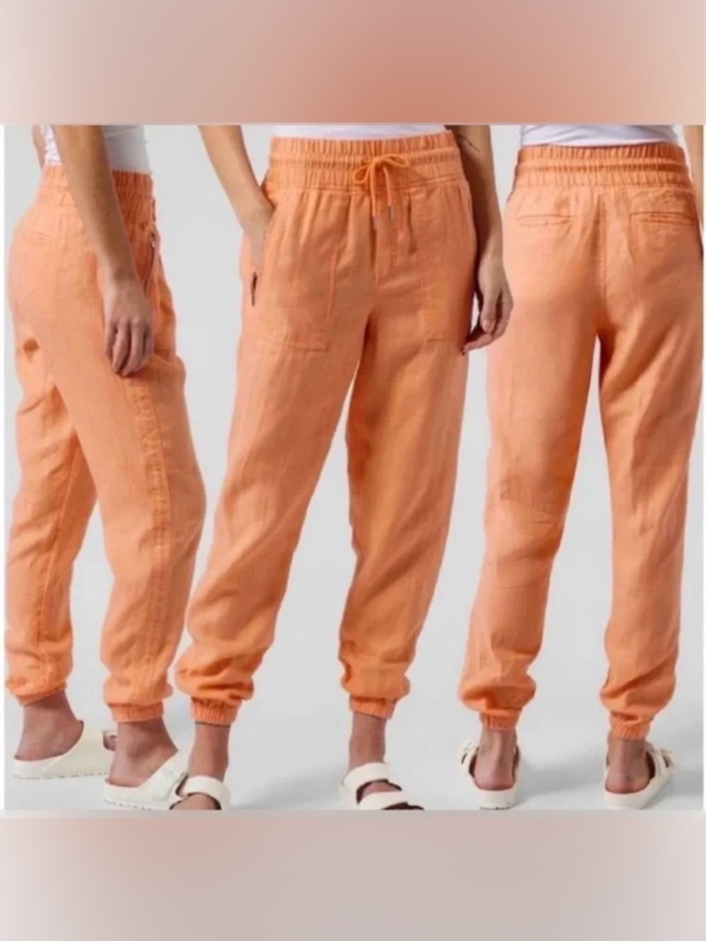 Athleta Cabo Linen High Waist Jogger Pant Orange Cactus Peach Sz 14